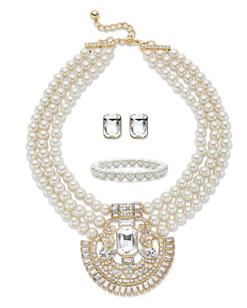 Front of a size 17 in Crystal and Sim. Pearl Goldtone Necklace Earring and Bracelet Set 17"-19" 8mm in White by PalmBeach Jewelry. | dia_product_style_image_id:286227